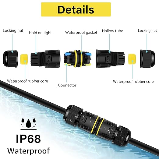 NineLeaf 48PK Waterproof Electrical Cable Connector 3-Pin Push-in Type, IP68 Outdoor M20 Wire Connector 5-12mm, Fast Press-fit Junction Box for Garden and Landscape Lighting Projects