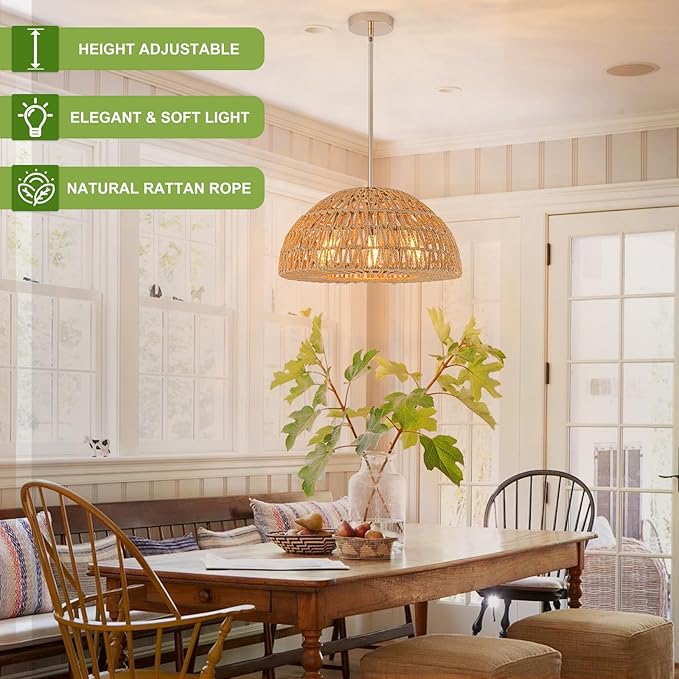 Rattan Boho Chandelier Dinning Light Fixture,17.7'' Rattan Pendant Light,Boho Hand Woven Chandelier Hanging Light Wicker Chandeliers for Kitchen Island Light Living Room Bedroom Farmhouse Nursery