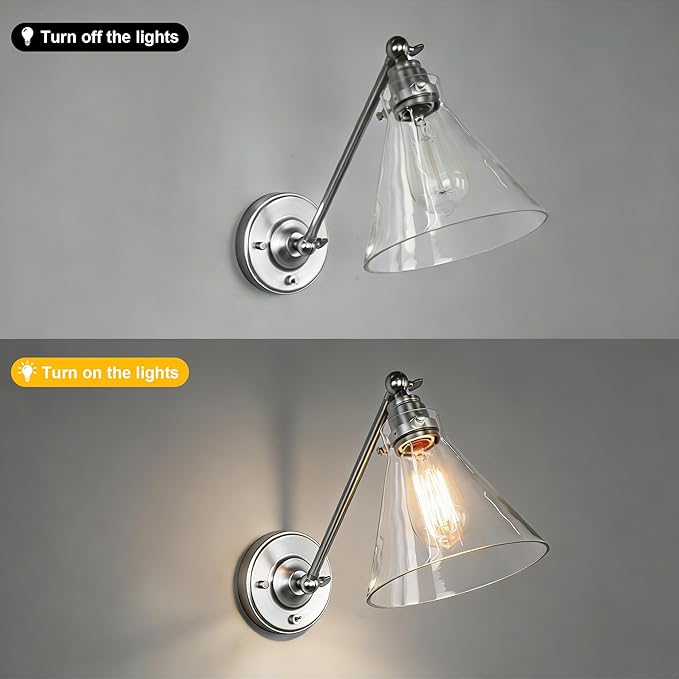 Industrial Vintage Slope Pole Wall Mount Single Sconce with Funnel Flared Clear Glass Shade, Swing Arm Wall Sconce Light Lamp Fixture Hardwired