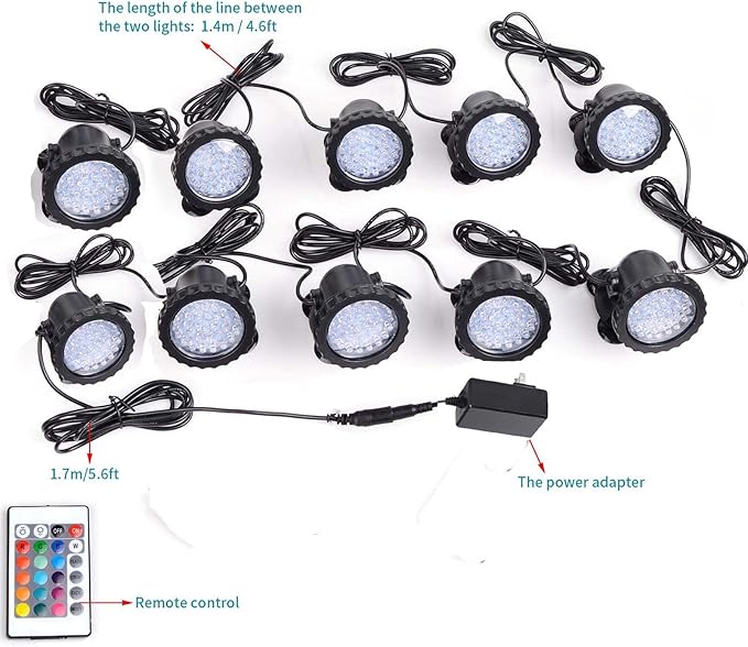 SHOYO Underwater Pond Lights, Colored Spotlight for Yard, IP68 Waterproof Spot Lights Submersible 36 LED Remote Control Multi-Color Dimmable Adjustable for Outdoor Fountain Landscape, Set of 10