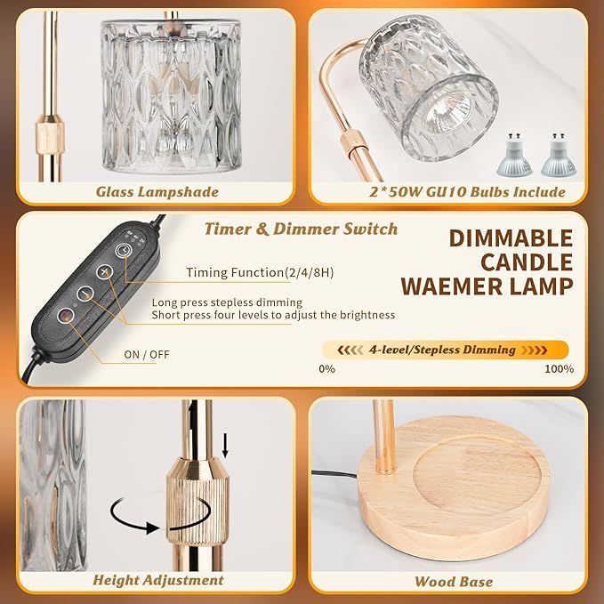 Candle Warmer Lamp with Timer and Dimmer, Height and Brightness Adjustable,Glass Electric Wax Warmer with 2 Bulbs for Women Mom Gifts, Home Decor for Scented Jar Candles (Grey)