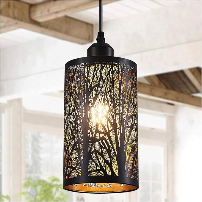 Industrial Black Pendant Light Fixture Vintage Farmhouse Mini Black Gold Pendant Lighting Rustic Hollow-Carved Cylinder Pendant Light for Kitchen Island, Dining Room, Bedroom
