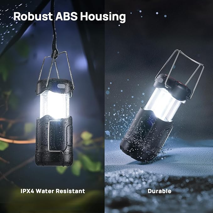 2 Pack Collapsible LED Camping Lantern, Consciot USB C Rechargeable and Battery Powered 2-in-1 Emergency Light with Flashlight and Magnetic Base, Power Outages Hurricane Supplies Survival Kits,Black