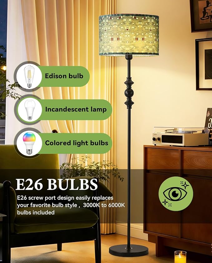 Vintage 63” Tall Floor Lamp for Living Room Bedroom, with Green Print Shade, Green Mid Century Modern Floor Lamp for Bedroom Office