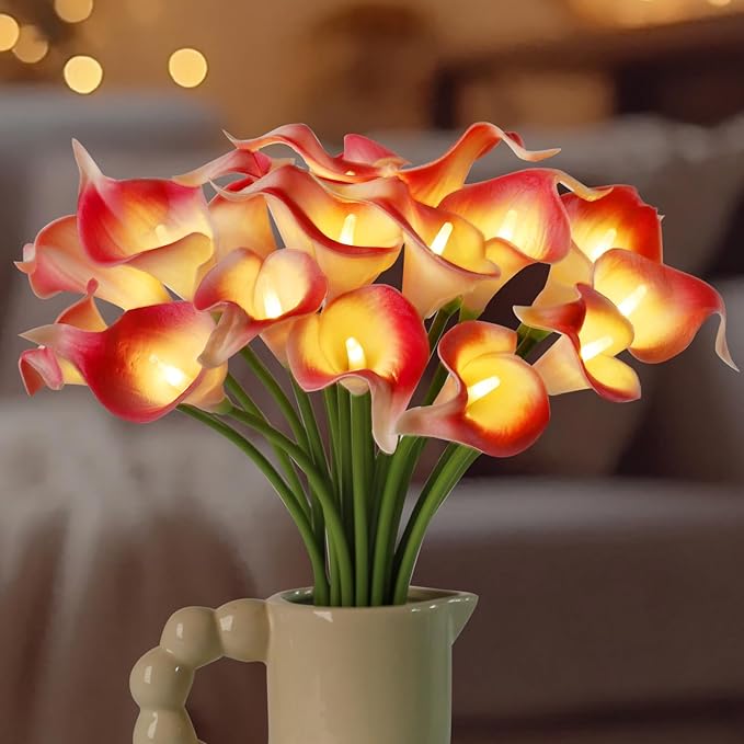 20pcs Lighted Artificial Calla Lily Bouquet Lamp Faux Floarl Night Light Real Touch Flower Night Lamp LED Calla Lily lighted Artificial Flower for Holiday Gifts Home Kitchen Decor(Pink, No Vase)