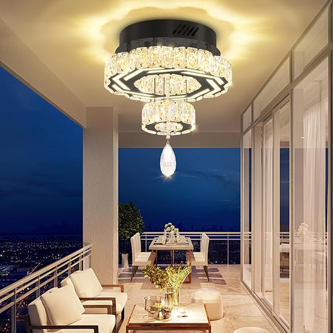 Flashing God 12" Modern Crystal Chandeliers Black Flush Mount Ceiling Chandelier Mini Chandelier for Hallway LED Dimmable Crystal Pendant Light for Dining Room Living Room Bedroom