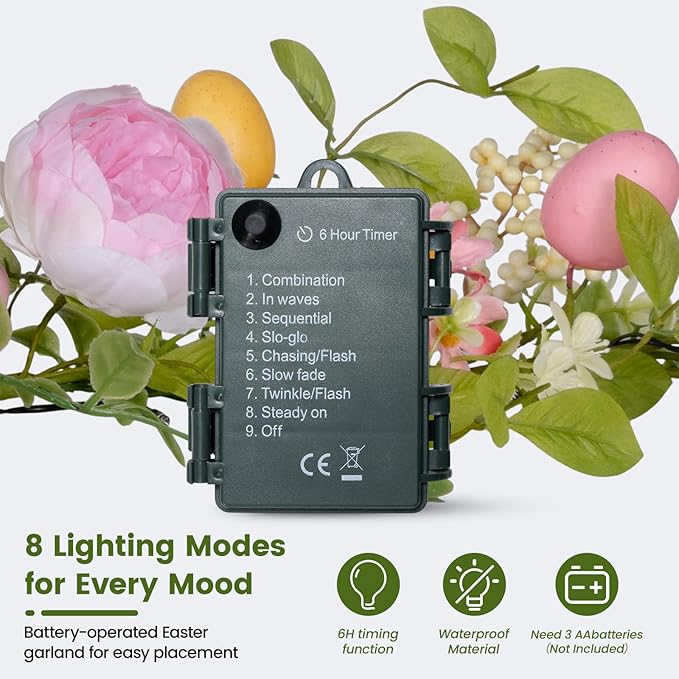 6FT Prelit Easter Garland with 20 LED Lights, Lighted Artificial Easter Egg Garland for Mantle, Battery Operated with 8 Mode Timer – Peony & Berry Accents
