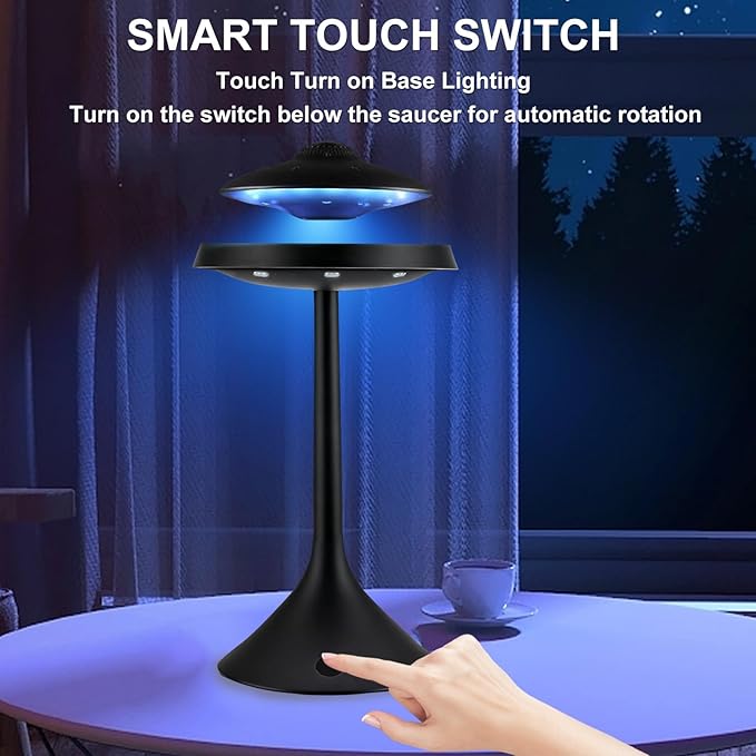 Magnetic Levitation Bluetooth UFO Speaker, Levitating UFO Speakers with Seven Color Night Lamp, Wireless Charging LED Lamp Bluetooth Speaker, 360°Rotating UFO Lamp (Black)