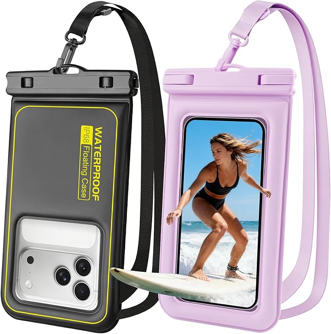 Floating Waterproof Phone Pouch 2 Pack, IP68 Waterproof Phone Case, Up to 8.3" Dry Bag for iPhone 17 16 15 14 Pro Max Samsung S25 Ultra S24 S23, Kayak/Beach/Cruise Travel Essentials - Black+Purple