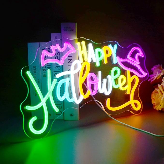 Happy Halloween Neon Sign Colorful LED Wall Decor with Bats & Witch Hat Design Neon Lights for Spooky Party, Home, Bar, or Window Decoration - Halloween Glow Light for October 31