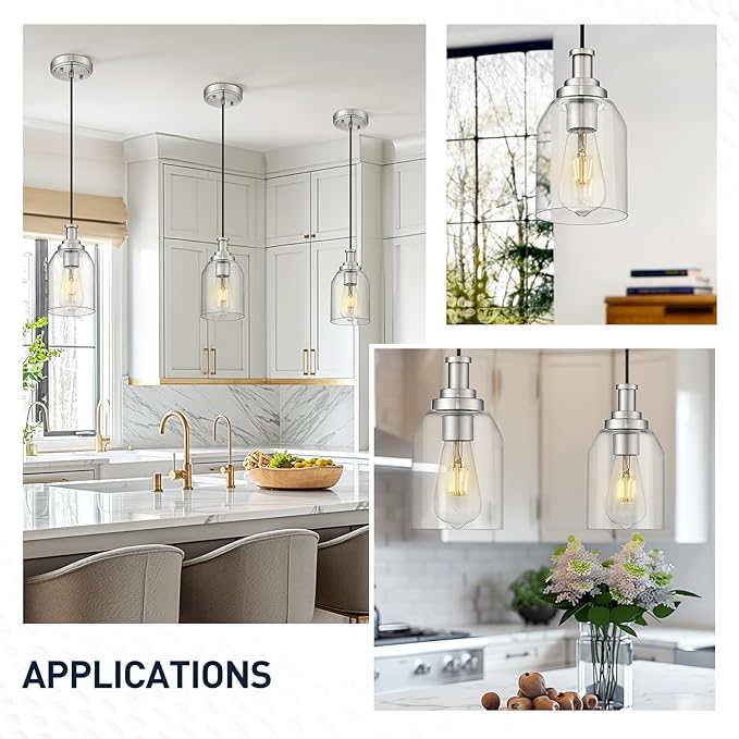 zeyu Modern Pendant Light 2 Pack, Hanging Ceiling Light Fixture for Dining Room Bedroom, Brushed Nickel Pendant Lighting with Clear Glass Shade, ZG33M1L-2 BN