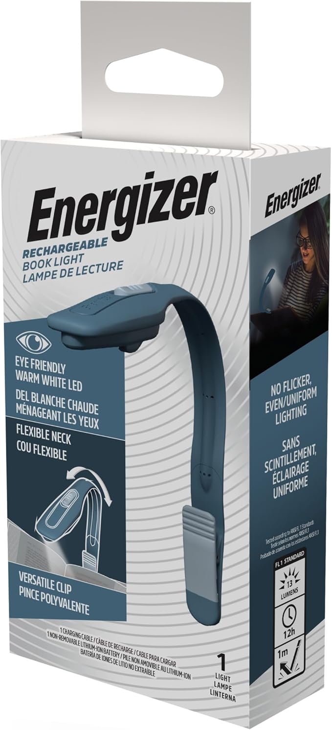 Energizer Flex-R LED Rechargeable Book Light for Reading in Bed, Reading Light with Warm LED Color, Long-Lasting and Lightweight,Blue