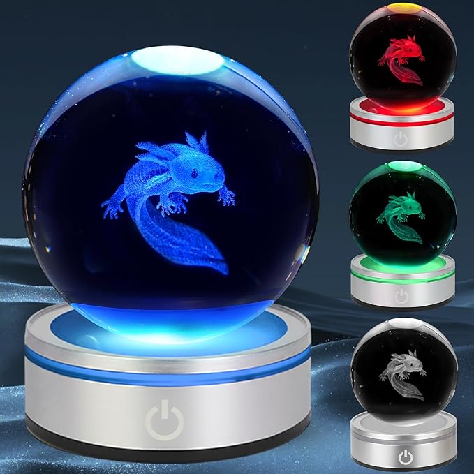 3D Axolotl Crystal Ball Night Light With LED Colorful Light Touch Base 3.15 In Glass Ball Lamp for Birthday Christmas, Cool Toy Gift for Boys Girls Kids Axolotl Figurines Home Decor