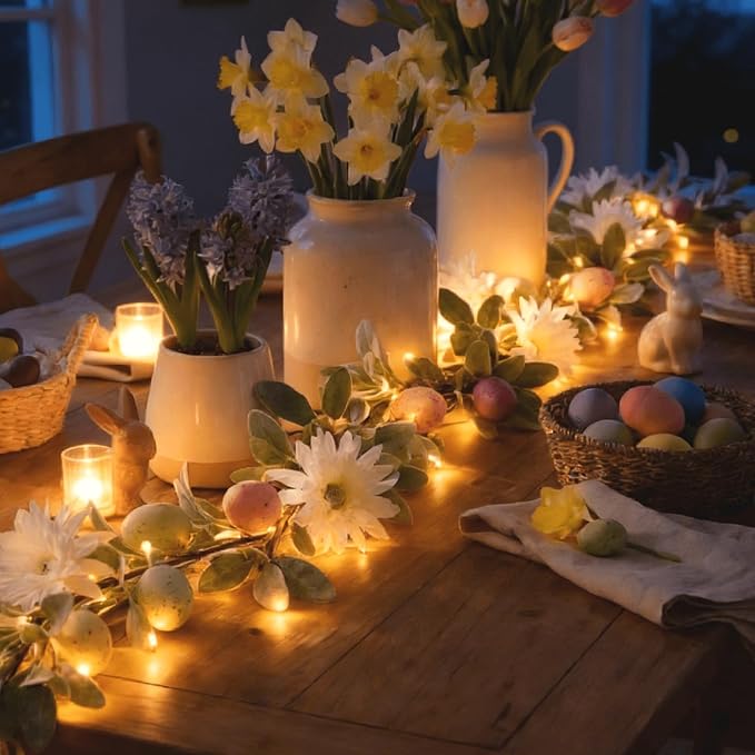 6ft Pre-Lit Easter Garland with 40 LED Lights, Artificial Waterproof Lambs Ear Spring Floral Greenery with Pastel Eggs & Daisy Flowers for Fireplace Mantels, Tables, Walls,Indoor & Outdoor Decor