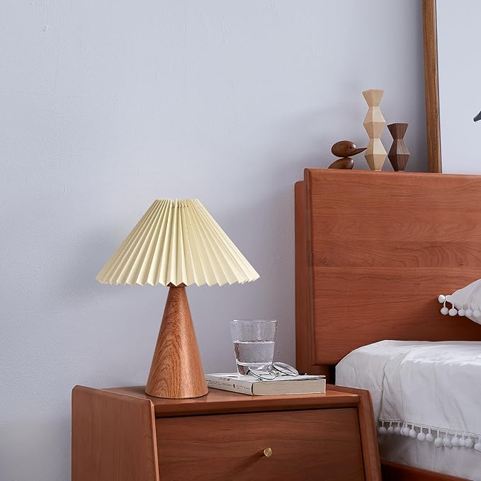 Wood Grain Small Table Lamp, Cute Table Lamp, Pleated Table Lamp, Wooden Bedroom Lamps for Nightstand, Small Scalloped Lamp Shade Table Lamps for Small Spaces for Bedroom,Living Room