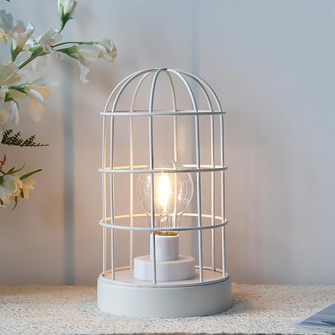 JHY DESIGN Battery Operated Lamp 10''H Decorative Table Lamp Metal Cage Cordless Lamps with LED Bulb for Home Decor Living Room Bedroom Kitchen Wedding Patio Indoor（White）