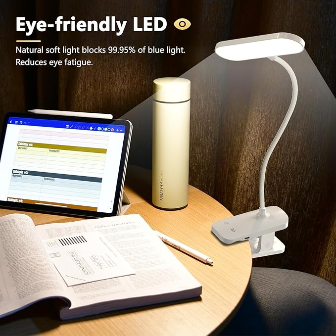 Desk Lamp Battery Operated, Clip on USB Rechargeable Reading Light for Headboard with Large Clamp, 25 Models Adjustable Cordless Touch Light for Bed Frame Bunk Dorm Table Bedside (White)