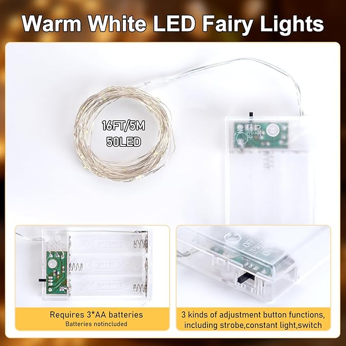 Fairy Lights Battery Operated String Lights 16.4ft 50LED Flashing and Constant Light Waterproof Silver Wire for Christmas DIY Party Wedding Decoration (Warm White, 2 Pack)
