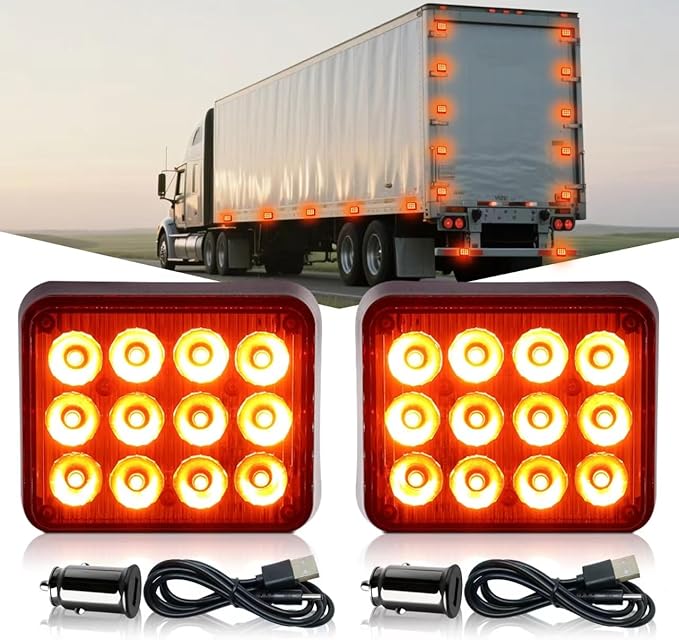 2PCS Amber Strobe Lights for Trucks, Rechargeable Flashing Lights for Vehicles, Battery Powered Surface Mount Flashing Warning Emergency Lights with Magnetic for Trucks Car,Trailer,ATV,Tow