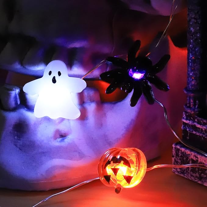 Halloween Decorations Fairy Lights White Ghost Orange Pumpkin Purple Spider, 30 LED Copper String Lights with Remote Control Battery Operated for Cosplay Party Supplies, Gothic Halloween Decor