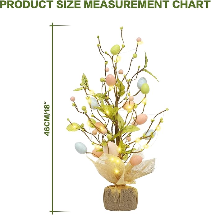 RoseCraft Easter Decorations, 18 Inch Pre-Lit Easter Egg Tree Tabletop Decor with Delicate Ornaments, for Home Party Wedding Holiday Spring Summer Decoration, Green/Pink/Blue.