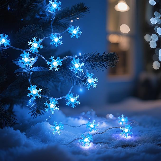 Blue Christmas Lights, Snowflake String Lights, 20FT 40 LED Mini Twinkle Lights Indoor, Rechargeable Fairy Lights Battery Operated with 8 Modes & Timer for Bedroom Party Home Xmas Tree Decorations
