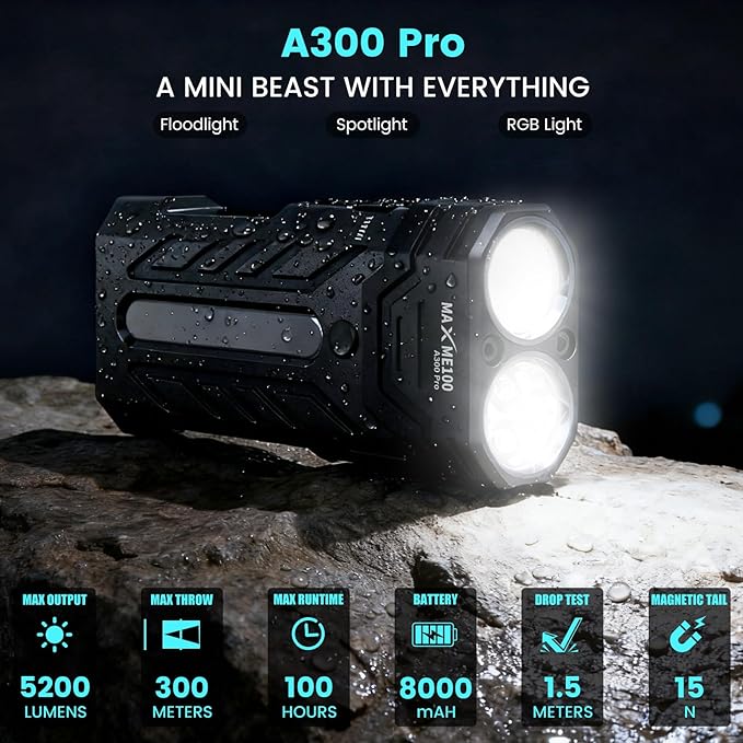 A300 Pro 5200 High Lumens Flat LED Flashlight 6700K, 8000mAh, Sidelight Floodlight and Spotlight, Rechargeable, Magnetic Tail