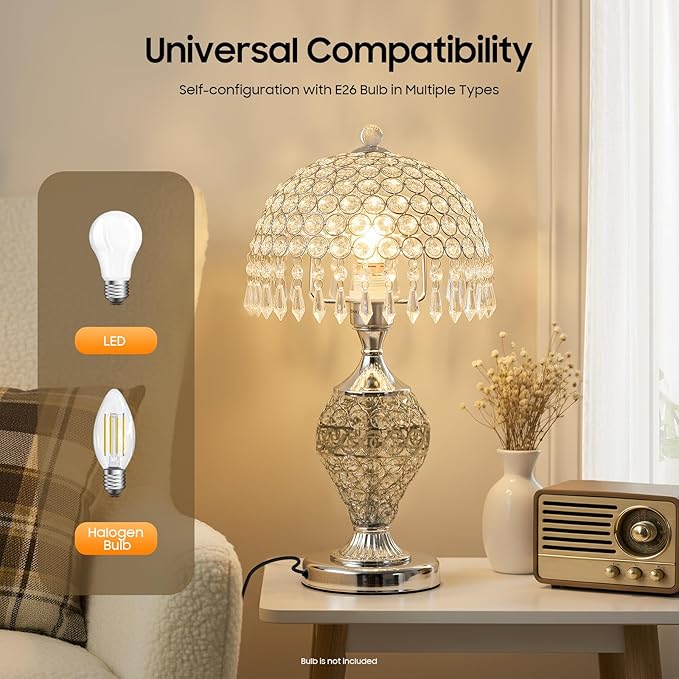 Touch Control Glass Table Lamp, K5 Crystal Nightstand Desk Lamp Vintage Desktop Bedside Lamp for Bedroom, Read, Office, Home (Silver)