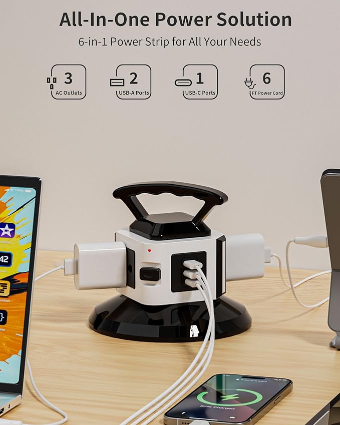 Power Strip Tower with 3 Outlets, 2 USB-A & 1 USB-C Ports, 1875W/15A Heavy Duty Charging Station for Multiple Devices, Plug Tower with 6ft Extension Cord, for Home, Office, Dorm