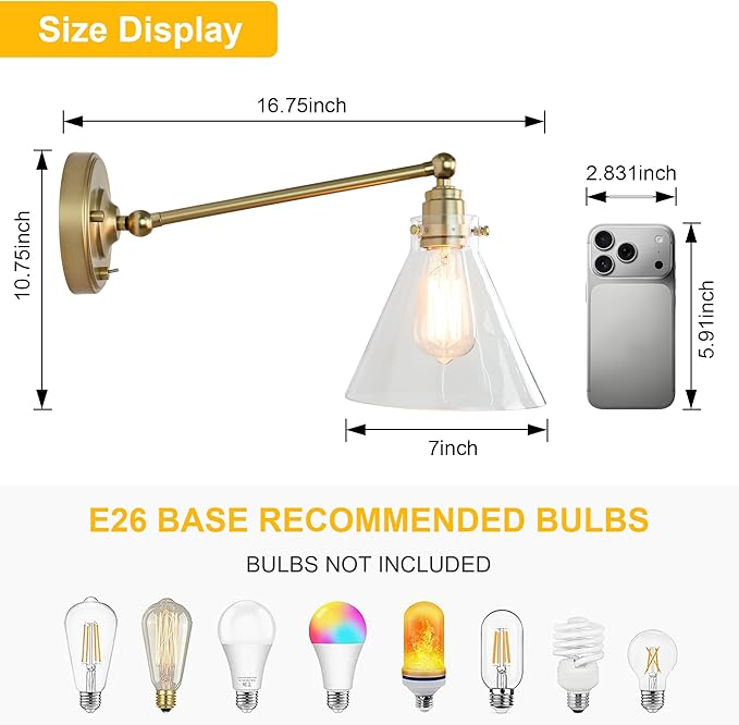 Industrial Vintage Slope Pole Wall Mount Single Sconce with Funnel Flared Clear Glass Shade, Swing Arm Wall Sconce Light Lamp Fixture Hardwired