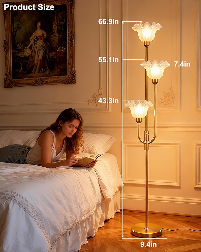 Lightdot 66IN Flower Floor Lamp 3-Lights Vintage Floor Lamps with 3000K Bulbs Included for Wedding Party Modern Dimmable Gold Tall Standing Lamp for Living Room/Bedroom/Sofa Beside/Corner Decor