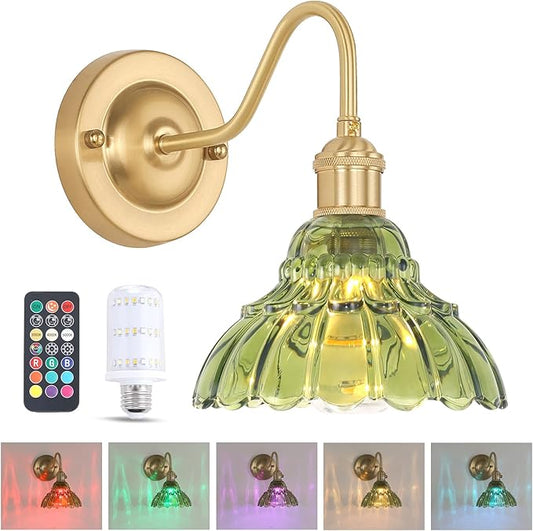 Battery Operated Wall Sconce, Vintage Rechargeable Wall Lights with Green Lily Glass Shade, Wireless Indoor Wall Lamp with Remote for Bedroom Living Room Bathroom Hallway