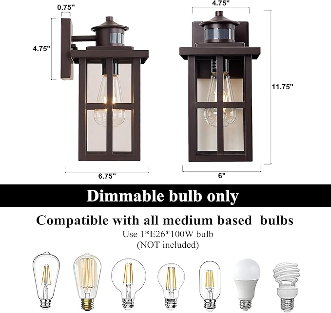 MICSIU 11.75" Bronze Motion Sensor Outdoor Wall Light, Dusk to Dawn Exterior Wall Sconce with 3 Modes, Clear Glass Anti-Rust Porch Light for House, Garage, Oil Rubbed Bronze, 1-Pack