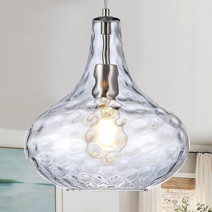 11" Smoked Hammered Glass Pendant Light – Modern Ceiling Hanging Fixture with Brushed Nickel Finish for Kitchen Island, Dining Room, Hallway, Entryway – E26 Base