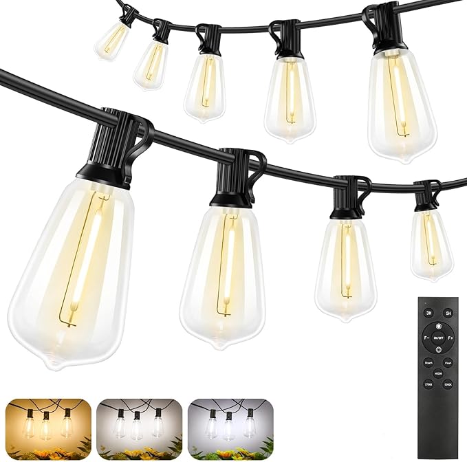 Brightever 200FT Outdoor String Lights with Remote, 2700K/4000K/5000K Selectable LED Patio Lights with 60+2 ST38 Vintage Edison Bulbs, 3 Lighting Modes, 3H/5H Timer, Dimmable String Light for Outside
