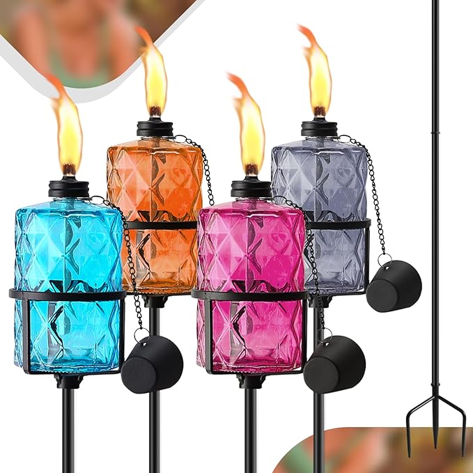 4 Pack Colorful Glass Garden Torch,60-Inch Outdoor Torch Garden Décor, Upgraded 12 oz Citronella Torches with 3-Prong Grounded Stake,Metal Light Torches for Party Patio Pathway