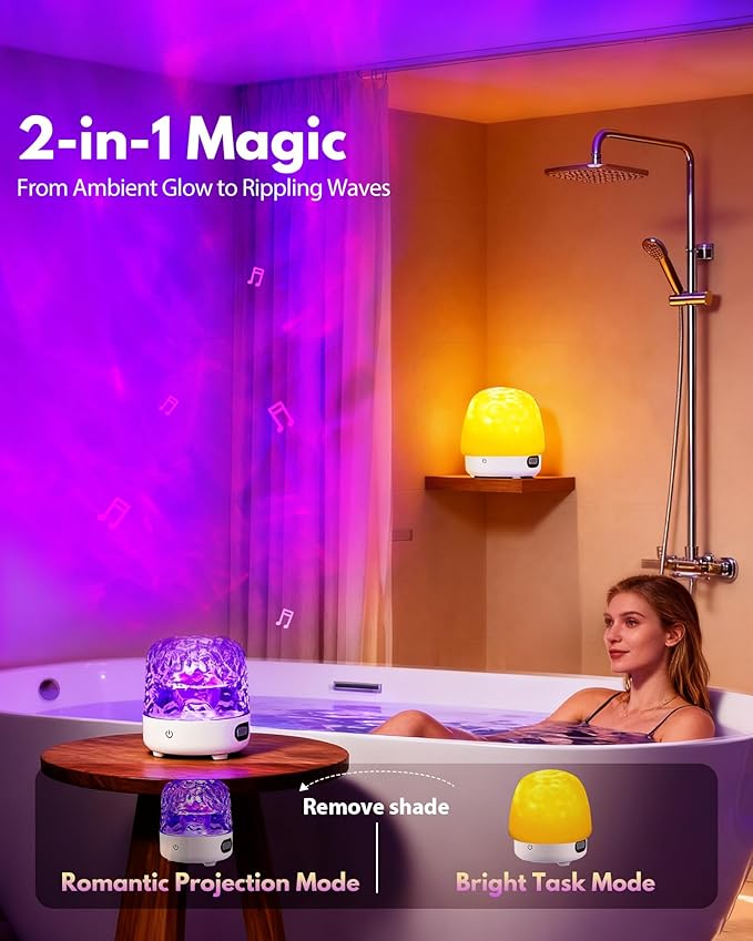 Shower Light with Bluetooth Speaker, Waterproof Shower Lamp with White Noise, 16 Colors Ocean Wave Projector Light with Remote & Touch Control, Music Lamps for Inside Shower Bathroom Bathtub