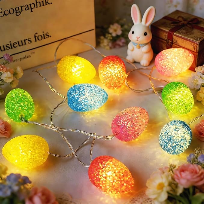 LED Easter Egg Lights String, 10ft 10 LED Pastel Lights, Steady On Easters Eggs Ornaments Battery Powered for Easter, Party, Home Decorations, White Wire