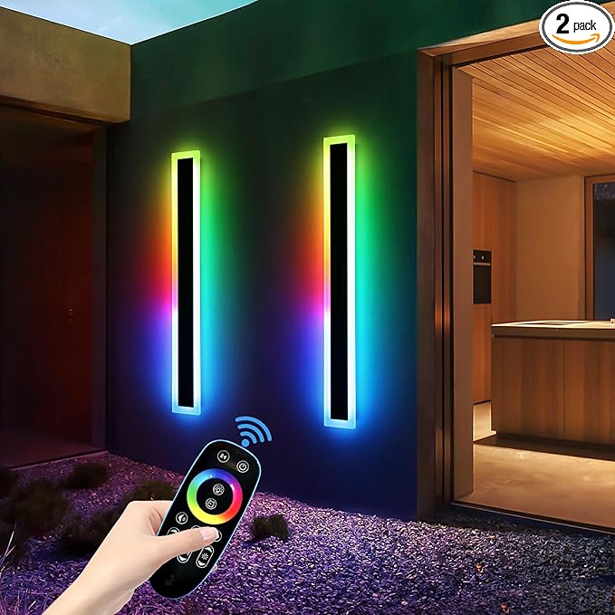 Mikeru Upgraded Widened RGB Long LED Wall Lights, 2Pack 57inch Outdoor Sconces RGB/Warm/White Dimmable Outdoor Wall Lights Exterior Front Porch Light Ip65 Waterproof Wall Sconce with Remote Control