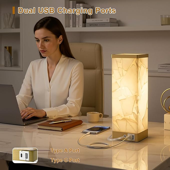 Scenekoy Alabaster Table Lamp for Bedroom Living Room, 3-Way Dimmable Bulb with Memory Function, Modern Bedside Lamps with USB A+C Ports for Nightstand Office Living Room Bedroom(Bulb Included)