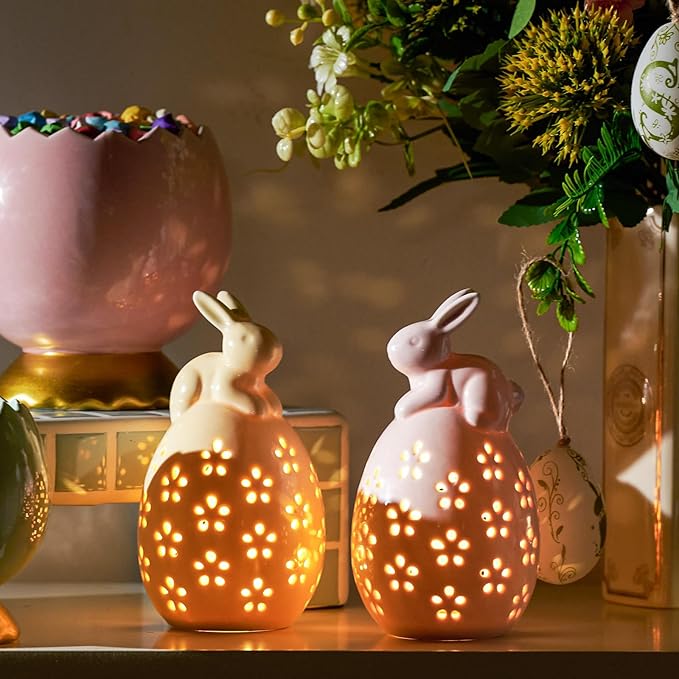 WDS WONDROUS Light Up Easter Decorations Bunny and Egg Figurines Set, LED Pink & Yellow Easter Spring Home Decor, Ceramic Rabbit Egg Sculpture for Farmhouse Tabletop Centerpiece Wedding Gifts 2PCS