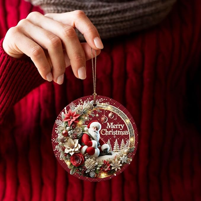 Merry Christmas Santa Claus Wreath Christmas Ornaments, Christmas Decorations Xmas Tree Hanging Ornaments, Round Ceramic Festive Keepsake Gift for Xmas Decorations Holiday Home Decor