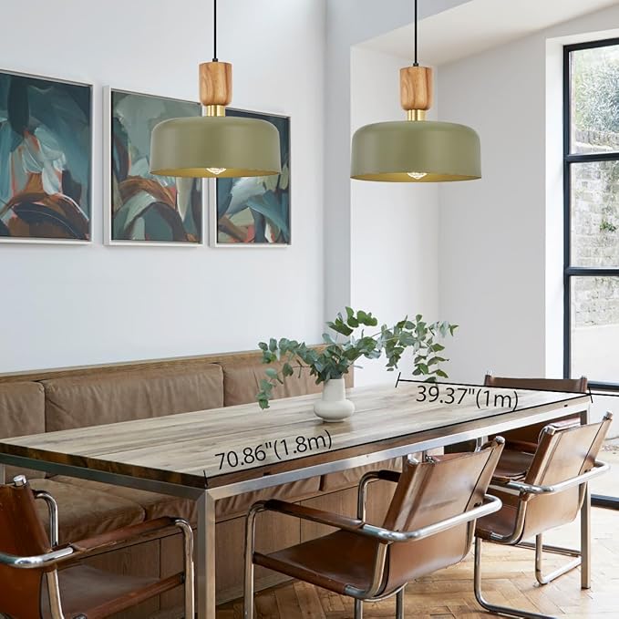 Contemporary Pendant Lighting,12 inch Pendant Lamp,Wood and Brass Accent,Adjustable Metal Hanging Light Fixture for Kitchen, Dining Room, Green