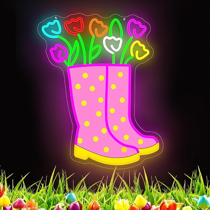 Spring Tulips Rain Boots Neon Sign Dimmable Flower Neon Lights Polka Dot Boot Tulip Light Up Sign Easter Led Wall Art Spring Decorations for Office Home Garden