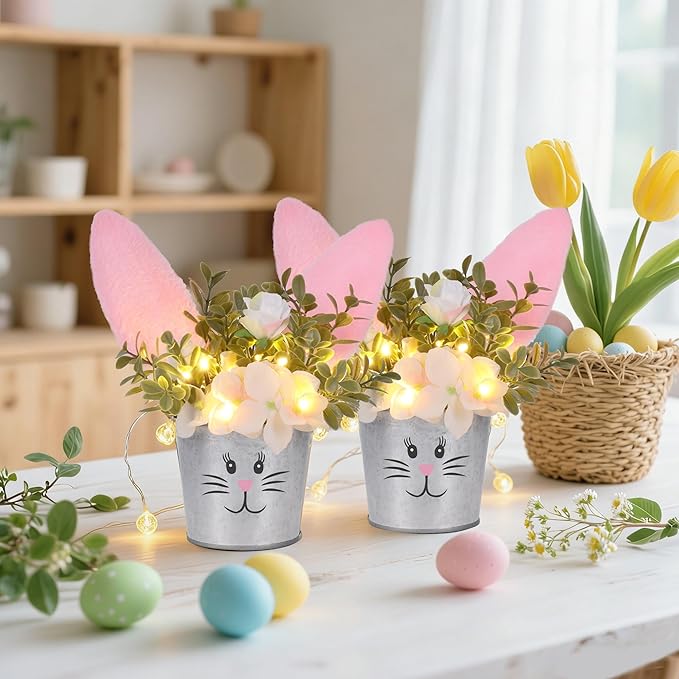 Prsildan 2 Pcs Easter Table Decorations Artificial Flower with Bunny Ear, Lighted Desk Decor Bunny Flowers, Easter Tabletop Decorations for Home Table Mantle Office Spring Party