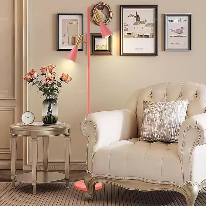 Modern Floor Lamp with 2 Adjustable Head Tall Pole Uplight for Living Room, Bedroom, Office,Pink and Gold Corner Light for Reading (Pink and Gold)