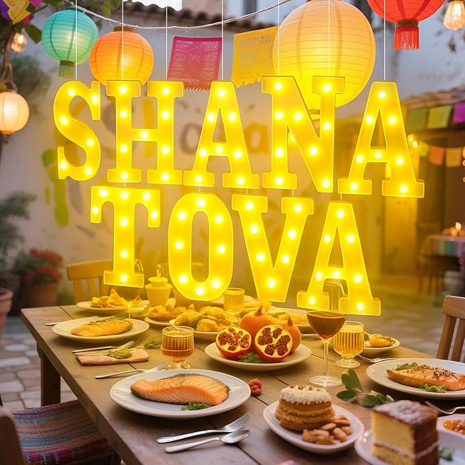 9 Pcs Shana Tova Large LED Letter Signs Rosh Hashanah Decor LED Lights Battery Powered Shana Tova Party Table Decorations for Party Rosh Hashanah Tabletop Decorations