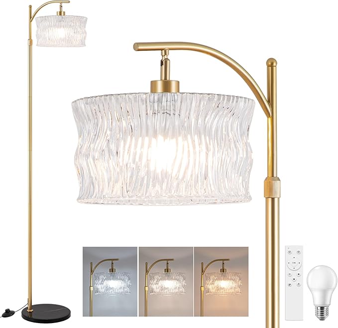 Dimmable Glass Floor Lamp for Living Room, Modern Gold Standing Lamp with Remote Control, Vintage Clear Glass Lampshade Tall Lamp for Bedroom Study Room(LED Bulb Included)