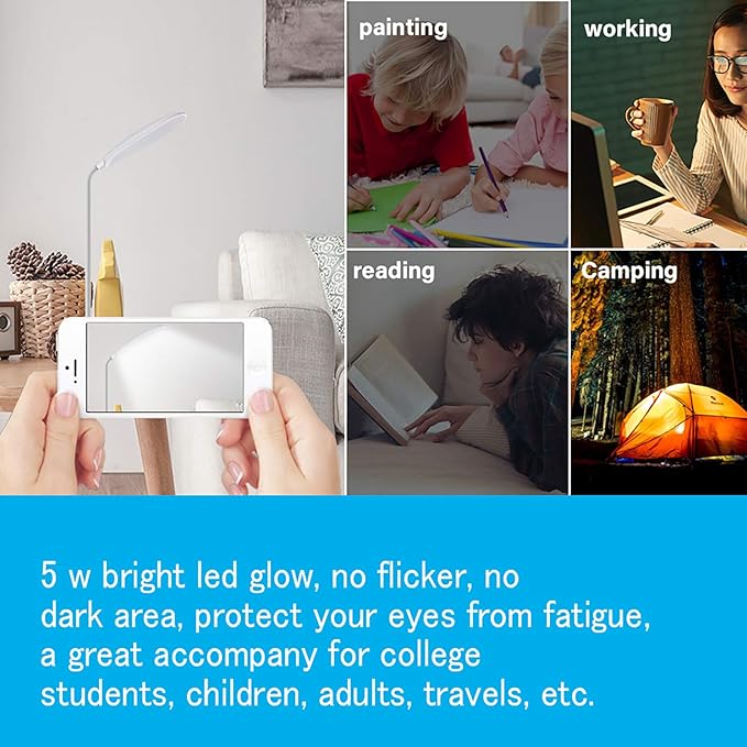 DEEPLITE LED Desk Lamp with Flexible Gooseneck 3 Level Brightness, Battery Operated Table Lamp 5W Touch Control,Compact Portable lamp for Dorm Study Office Bedroom,Eye-Caring and Energy Saving