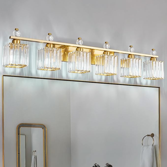 Vanity Lights 6-Light Modern Crystal Vanity Light Gold Bathroom Light Fixtures Over Mirror Crystal Bathroom Vanity Lighting Fixtures